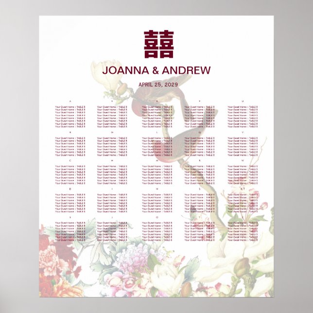 Birds & Flowers Chinese Wedding Seating Chart (Front)