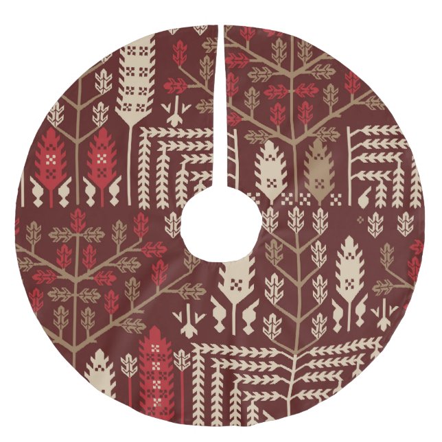 Birds Flowers Dark Blue Pattern Brushed Polyester Tree Skirt (Front)