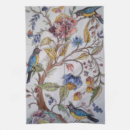 Birds Flowers Floral Chinoiserie Tile Oriental Kitchen Towel