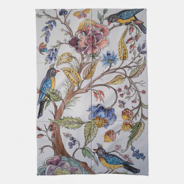 Birds Flowers Floral Chinoiserie Tile Oriental Kitchen Towel (Vertical)