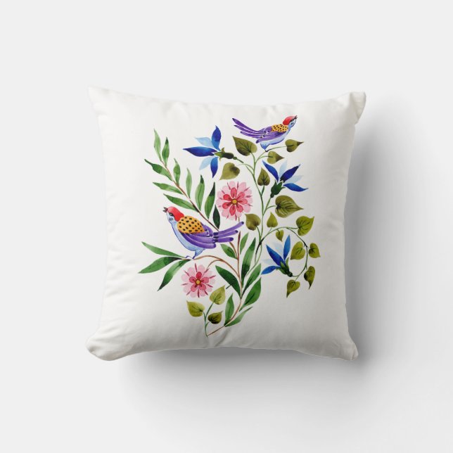 Birds Flowers Floral Watercolor  Throw Pillow (Front)