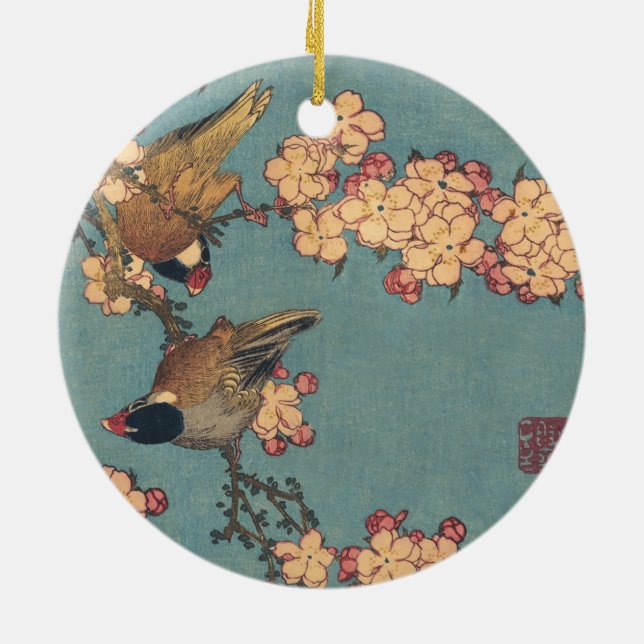 Birds Flowers Hokusai Japanese Art Ceramic Ornament (Back)