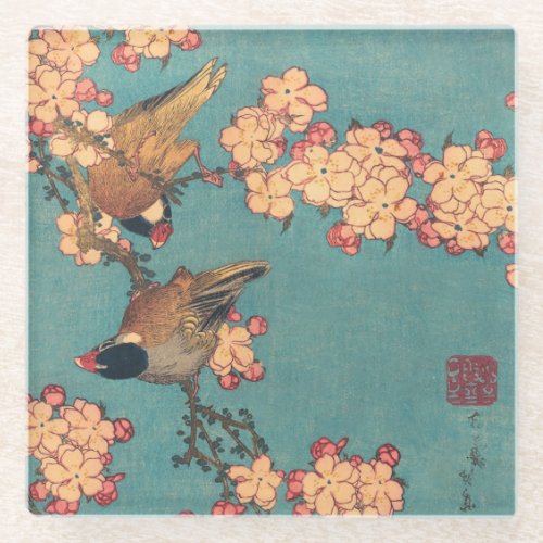 Birds Flowers Hokusai Japanese Art Glass Coaster