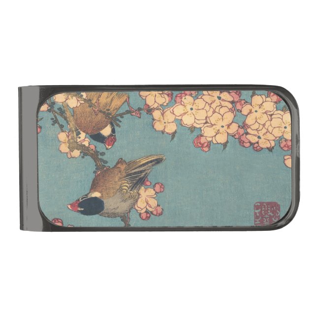 Birds Flowers Hokusai Japanese Art Gunmetal Finish Money Clip (Front)