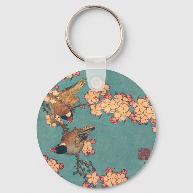 Birds Flowers Hokusai Japanese Art Keychain (Front)