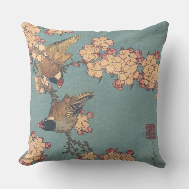 Birds Flowers Hokusai Japanese Art Outdoor Pillow (Front)