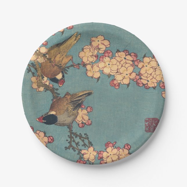 Birds Flowers Hokusai Japanese Art Paper Plates (Front)