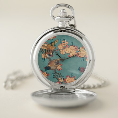 Birds Flowers Hokusai Japanese Art Pocket Watch