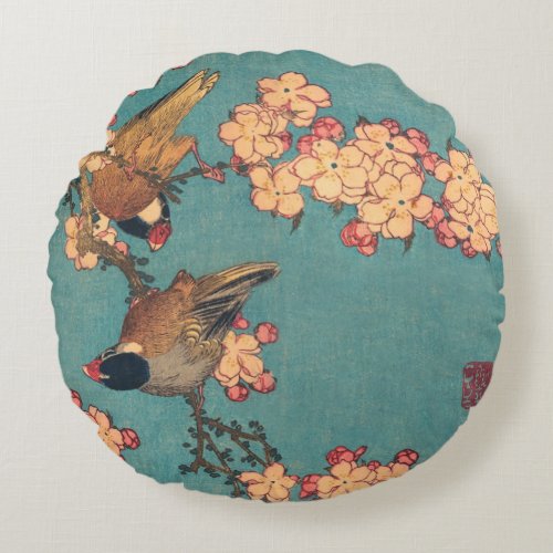 Birds Flowers Hokusai Japanese Art Round Pillow
