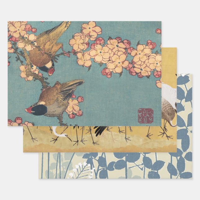 Birds Flowers Hokusai Japanese Art Wrapping Paper Sheets (Set)