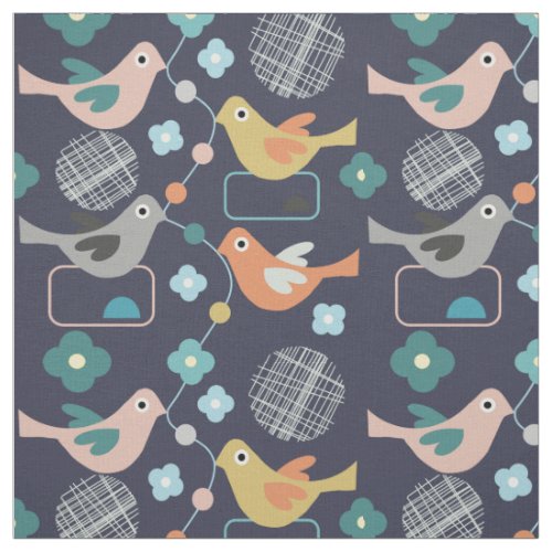 Birds Flowers Retro Modern Mid Century Fun Pattern Fabric