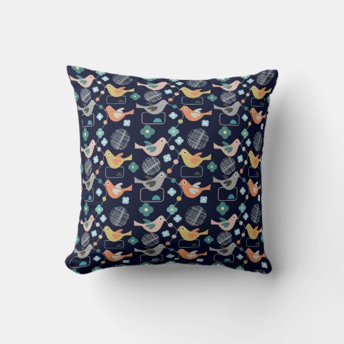 Birds Flowers Retro Modern Mid Century Fun Pattern Throw Pillow