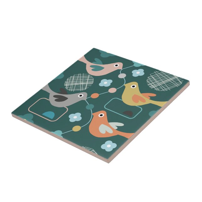 Birds Flowers Retro Modern Mid Century Pattern Ceramic Tile (Side)