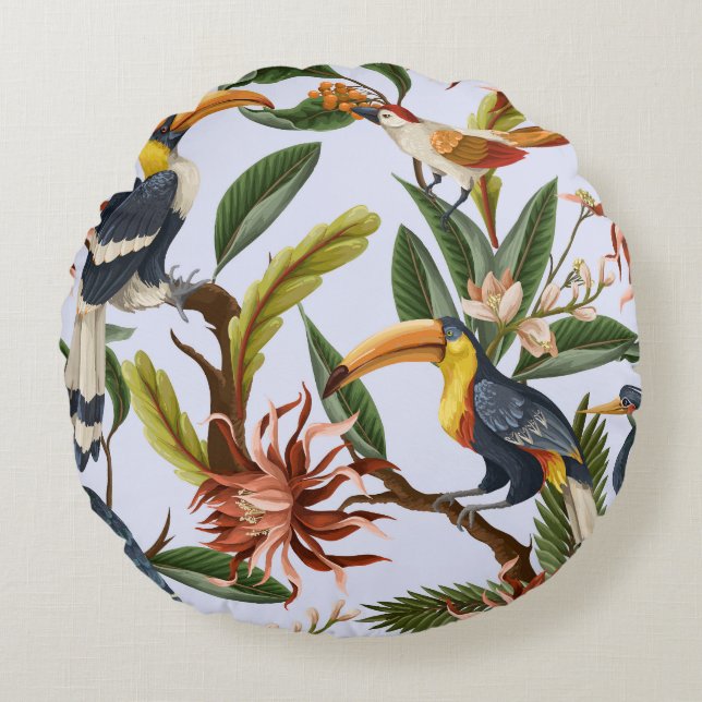 Birds & Flowers: Tropical Vintage Pattern. Round Pillow (Front)