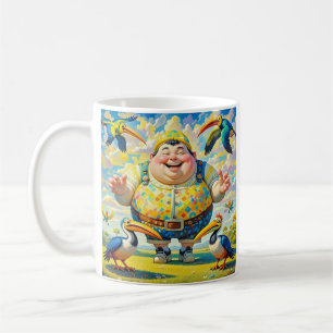 Birds flying around a happy man coffee mug
