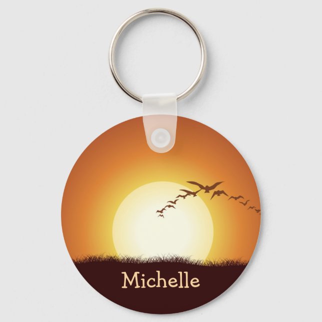 Birds Flying at Sunset Personalized Keychain (Front)