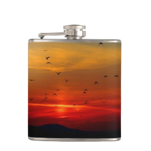 Birds Flying at Sunset Red Sky Design Flask