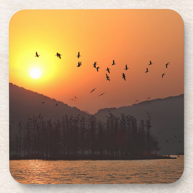 Birds Flying in Sunset Sky Over East Lake Beverage Coaster (Front)
