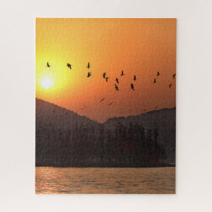 Birds Flying in Sunset Sky Over East Lake Jigsaw Puzzle