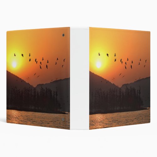Birds Flying in Sunset Sky Over East Lake Photo 3 Ring Binder