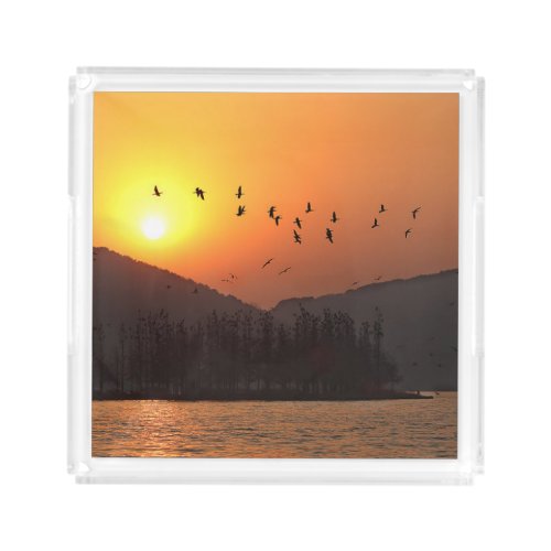 Birds Flying in Sunset Sky Over East Lake Photo Acrylic Tray
