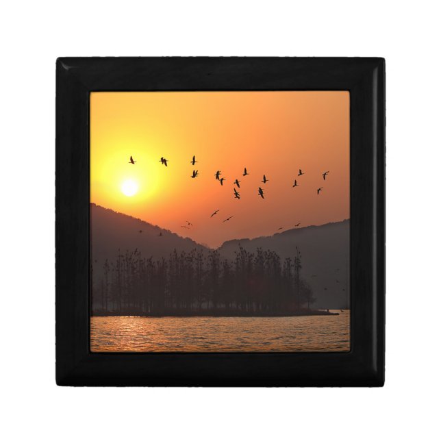 Birds Flying in Sunset Sky Over East Lake Photo Gift Box (Front)