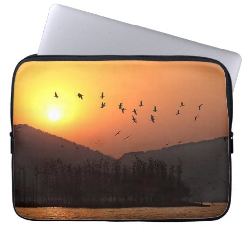 Birds Flying in Sunset Sky Over East Lake Photo Laptop Sleeve