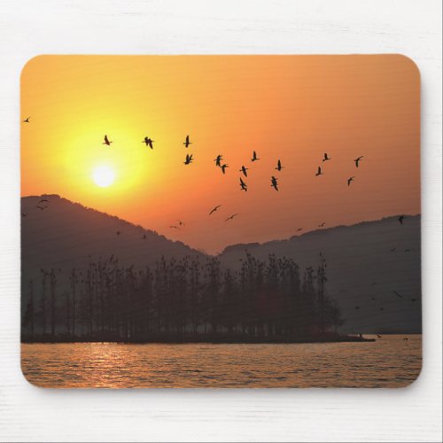 Birds Flying in Sunset Sky Over East Lake Photo Mouse Pad