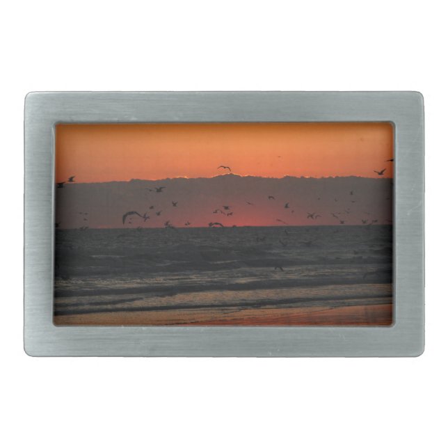 Birds Flying Over Beach Sunrise Photograph Rectangular Belt Buckle (Front)