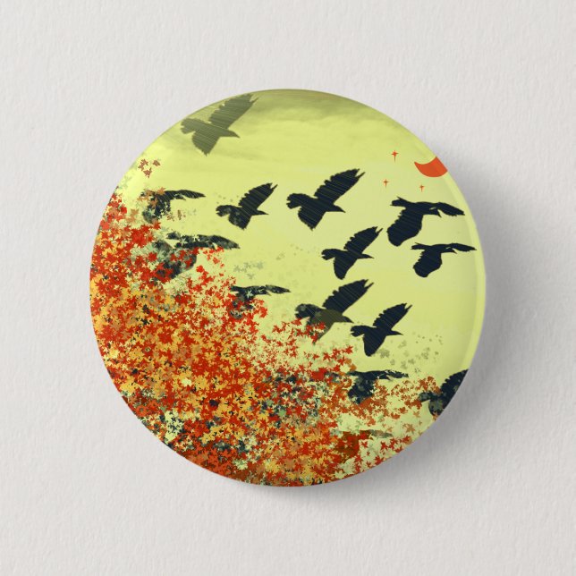 Birds Flying Red Moon Button (Front)