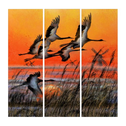 Birds Flying Sunset Triptych _ Painting Art