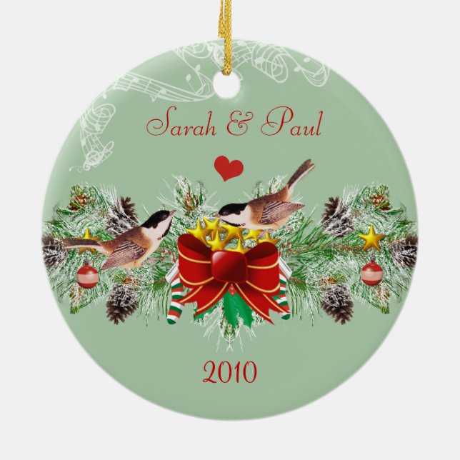 Birds Garland & Pinecones Christmas Photo Ornament (Back)