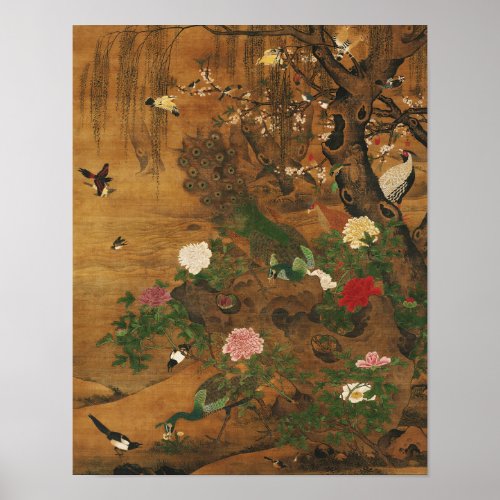 Birds Gather under the Spring Willow Poster
