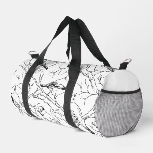 Birds hand drawn black &amp; white pattern Modern Duffle Bag