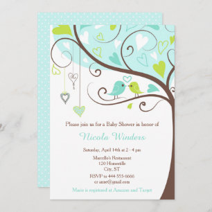 Birds Hearts Tree Blue and Green Baby Shower Invitation