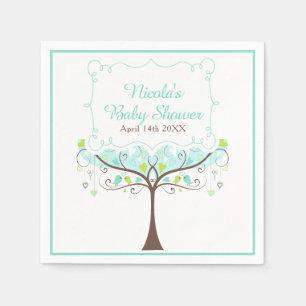 Birds Hearts Tree Blue and Green Baby Shower Napkins
