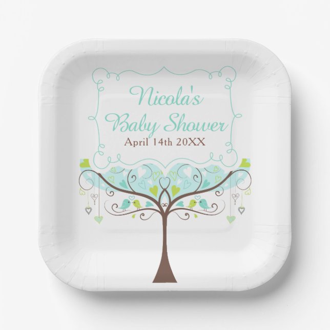 Birds Hearts Tree Blue and Green Baby Shower Paper Plates (Front)