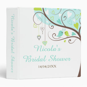 Birds Hearts Tree Blue and Green Bridal Shower 3 Ring Binder