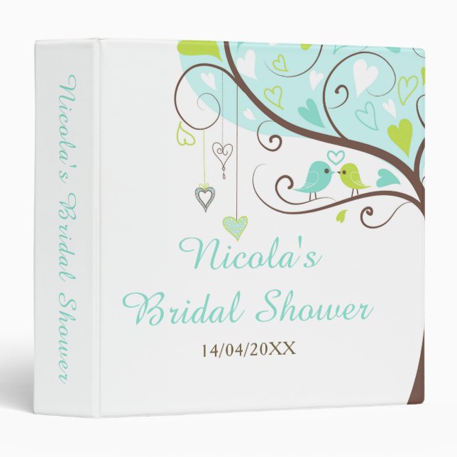 Birds Hearts Tree Blue and Green Bridal Shower 3 Ring Binder (Front/Spine)