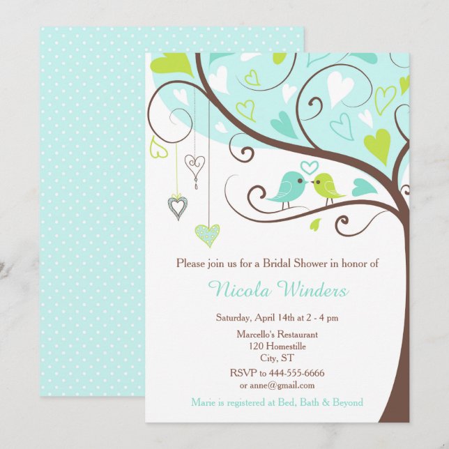 Birds Hearts Tree Blue and Green Bridal Shower Invitation (Front/Back)