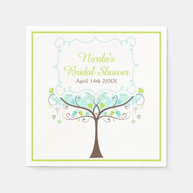 Birds Hearts Tree Blue and Green Bridal Shower Napkins (Front)