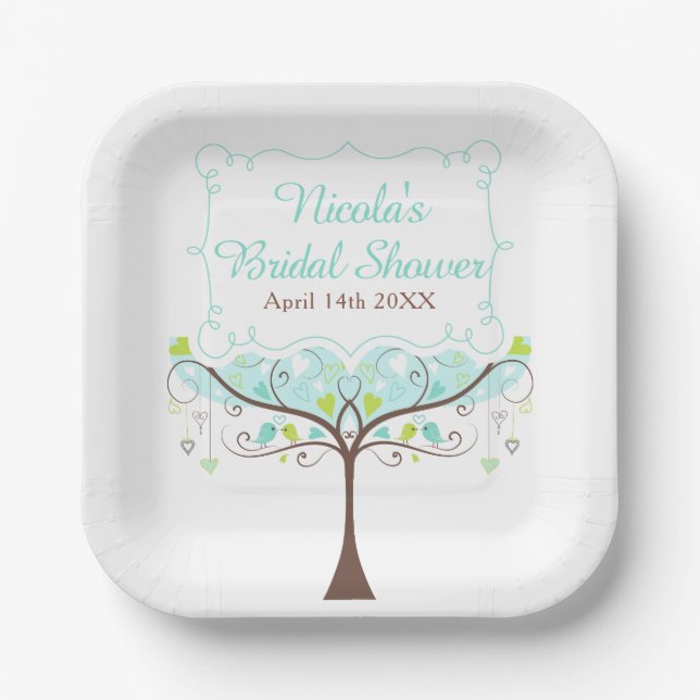 Birds Hearts Tree Blue and Green Bridal Shower Paper Plates (Front)