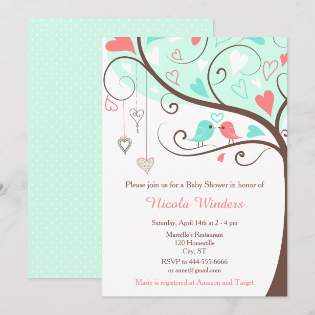 Birds Hearts Tree Mint and Coral Baby Shower Invitation (Front/Back)