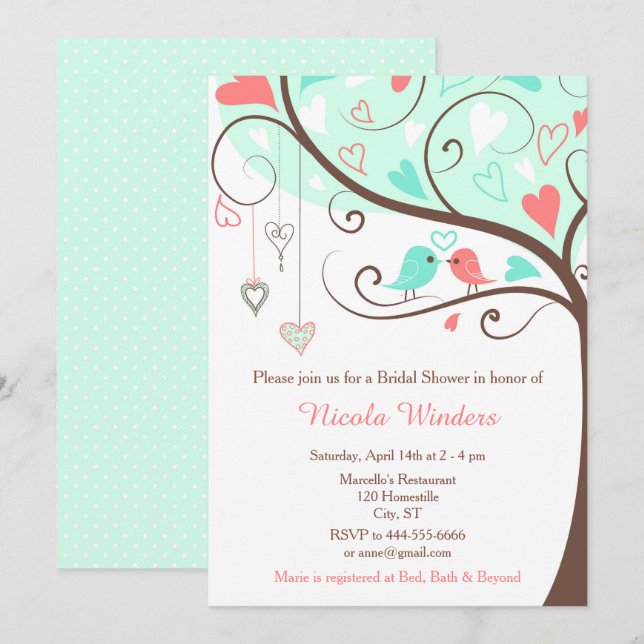 Birds Hearts Tree Mint and Coral Bridal Shower Invitation (Front/Back)