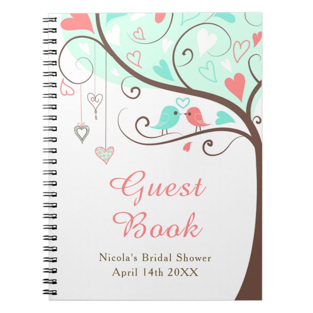 Birds Hearts Tree Mint and Coral Bridal Shower Notebook (Front)