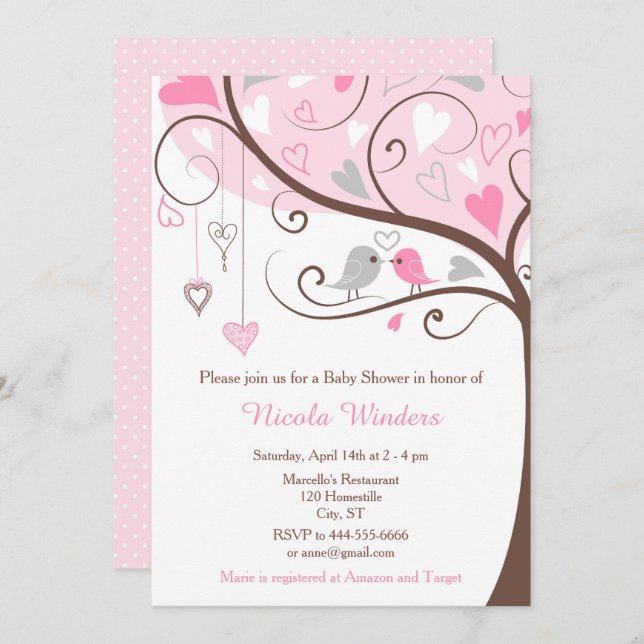 Birds Hearts Tree Pink Baby Shower Invitation (Front/Back)