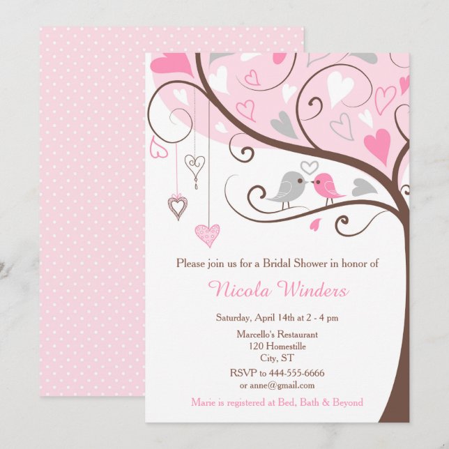 Birds Hearts Tree Pink Bridal Shower Invitation (Front/Back)