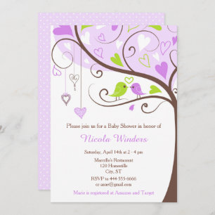 Birds Hearts Tree Purple and Green Baby Shower Invitation