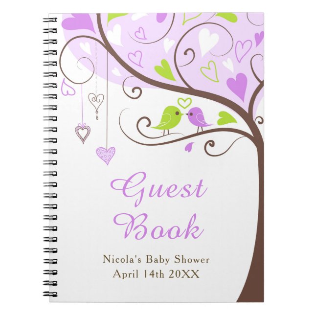 Birds Hearts Tree Purple and Green Baby Shower Notebook (Front)