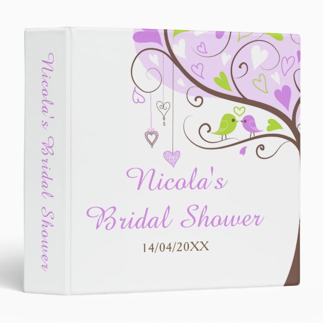 Birds Hearts Tree Purple and Green Bridal Shower 3 Ring Binder (Front/Spine)
